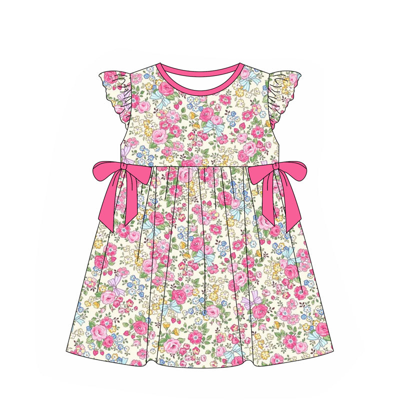 (Pre-order)GSD1810 Pink Flowers Print Girls Summer Knee Length Dress