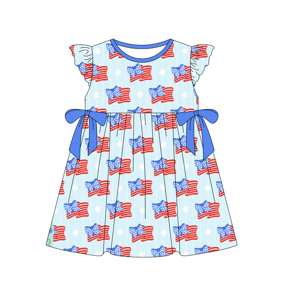 (Pre-order)GSD1816 Flag Bows Stars Print Girls 4th of July Knee Length Dress