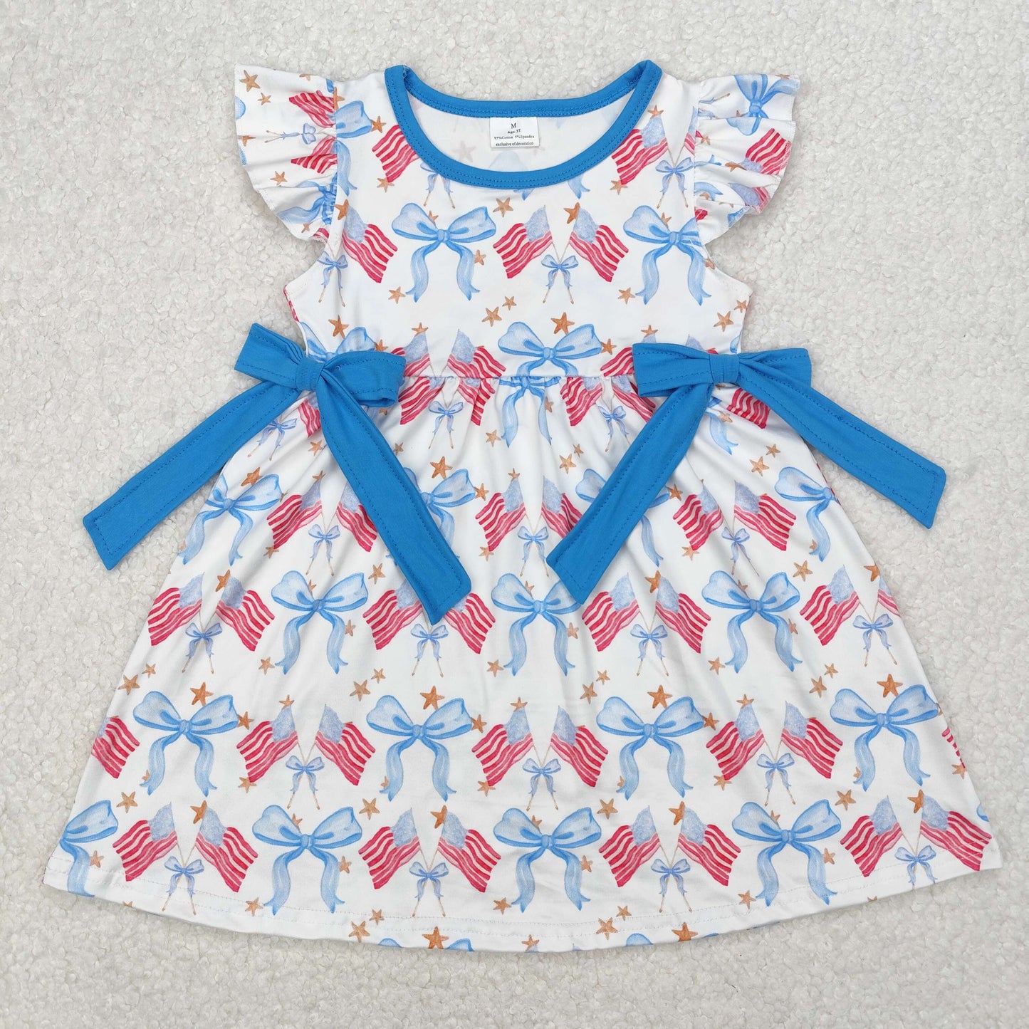 GSD1825 Flag Bows Stars Print Girls 4th of July Knee Length Dress