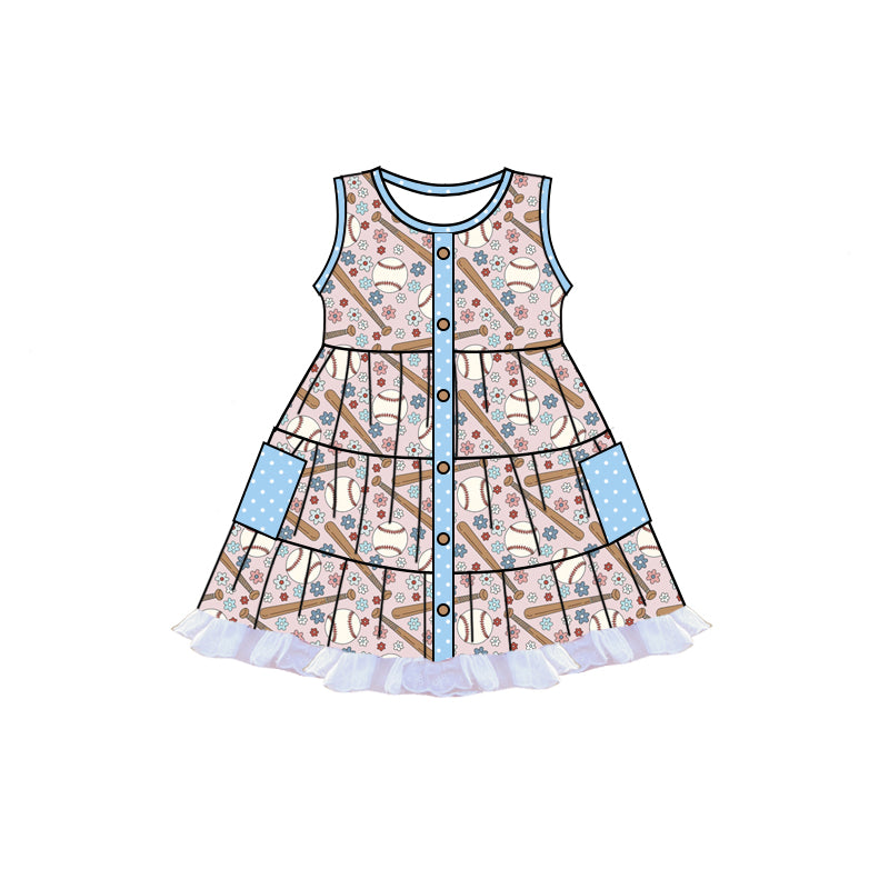 (Pre-order)GSD1830 Baseball Flowers Print Pockets Girls Summer Sleeveless Knee Length Dress