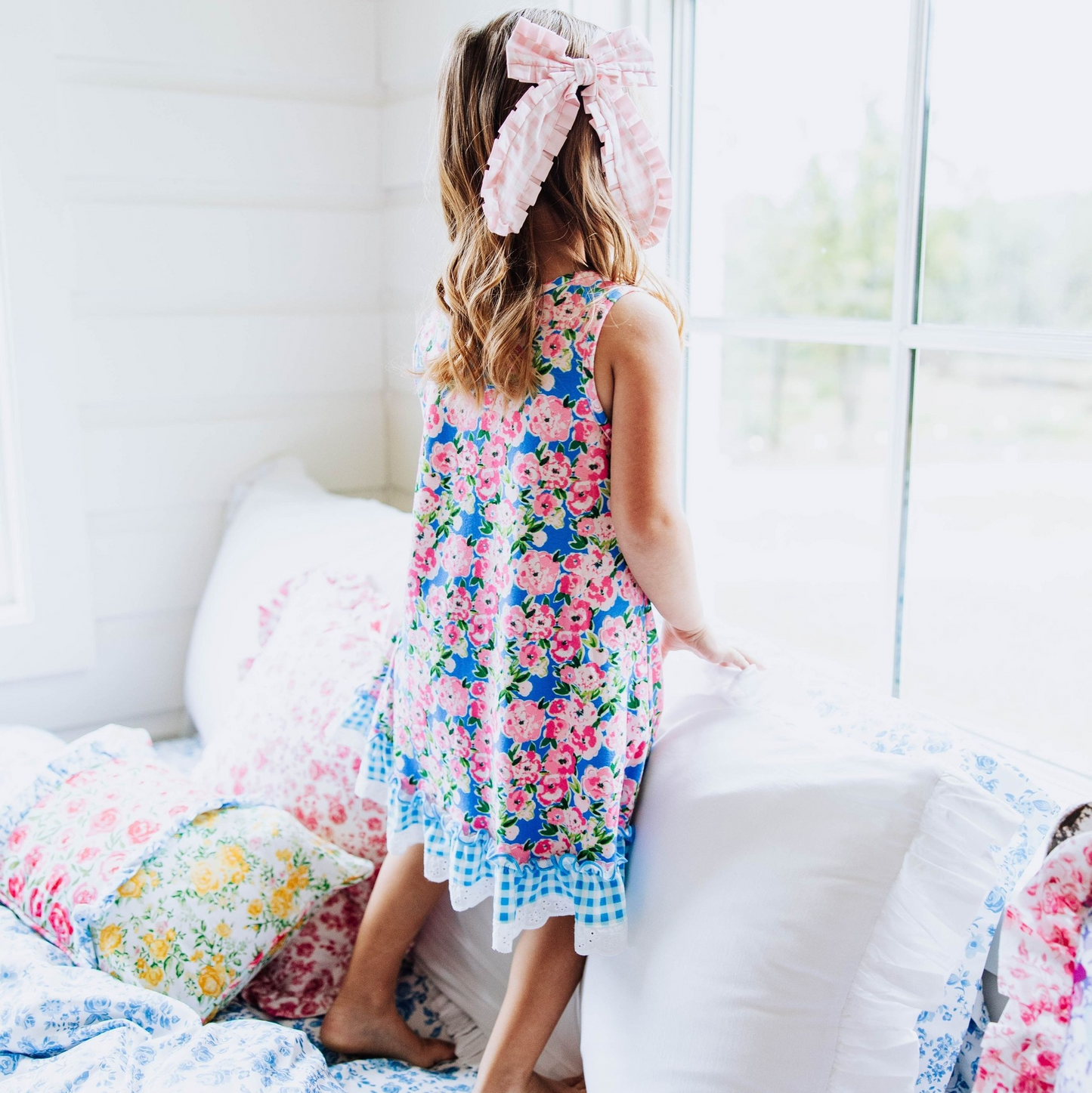(Pre-order)GSD1833 Pink Blue Flowers Print Girls Summer Sleeveless Knee Length Dress
