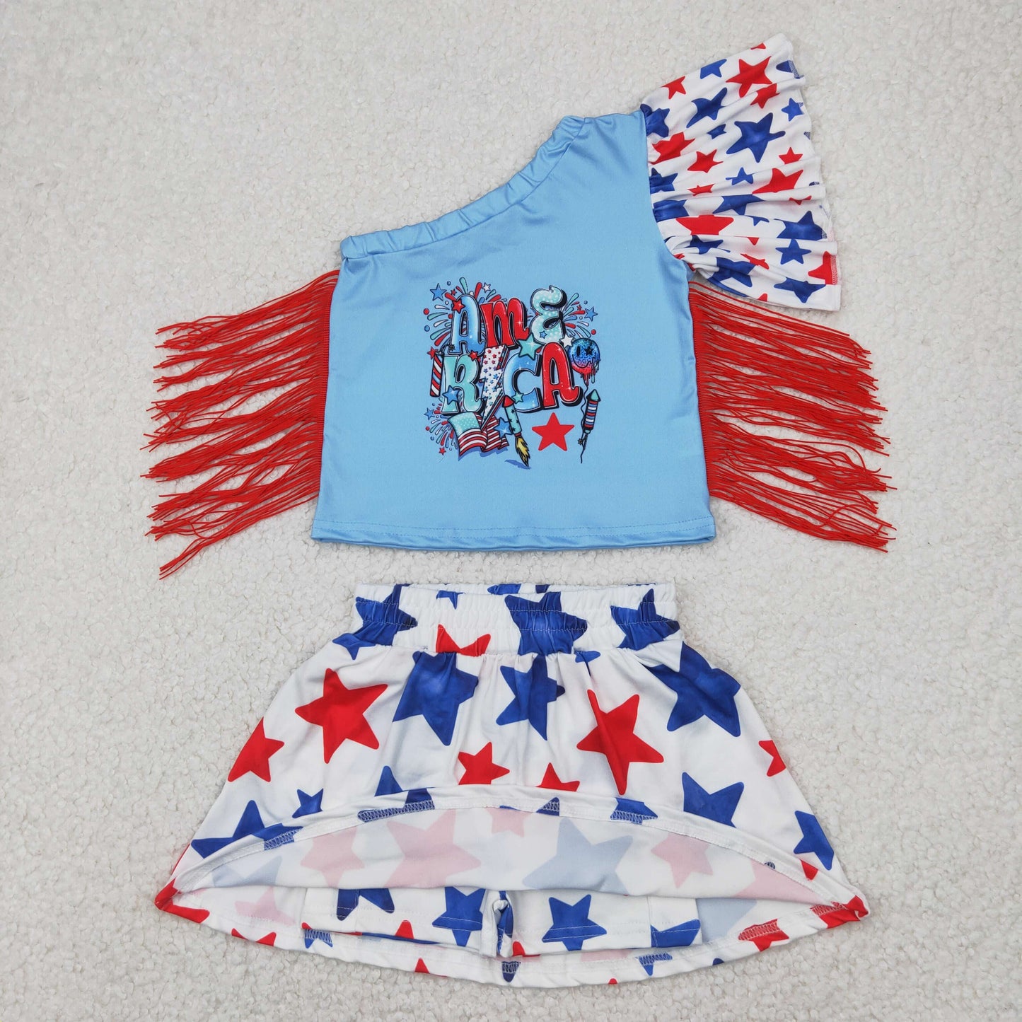 GSD1836 America One Shoulder Sleeve Tassels Top Stars Skirts Shorts Girls 4th of July Clothes Set