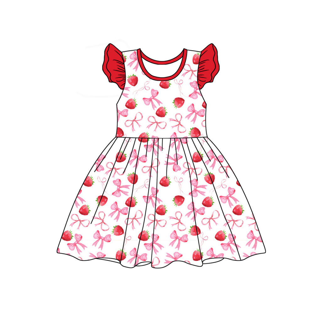 (Pre-order)GSD1840 Strawberry Bows Print Girls Summer Knee Length Dress