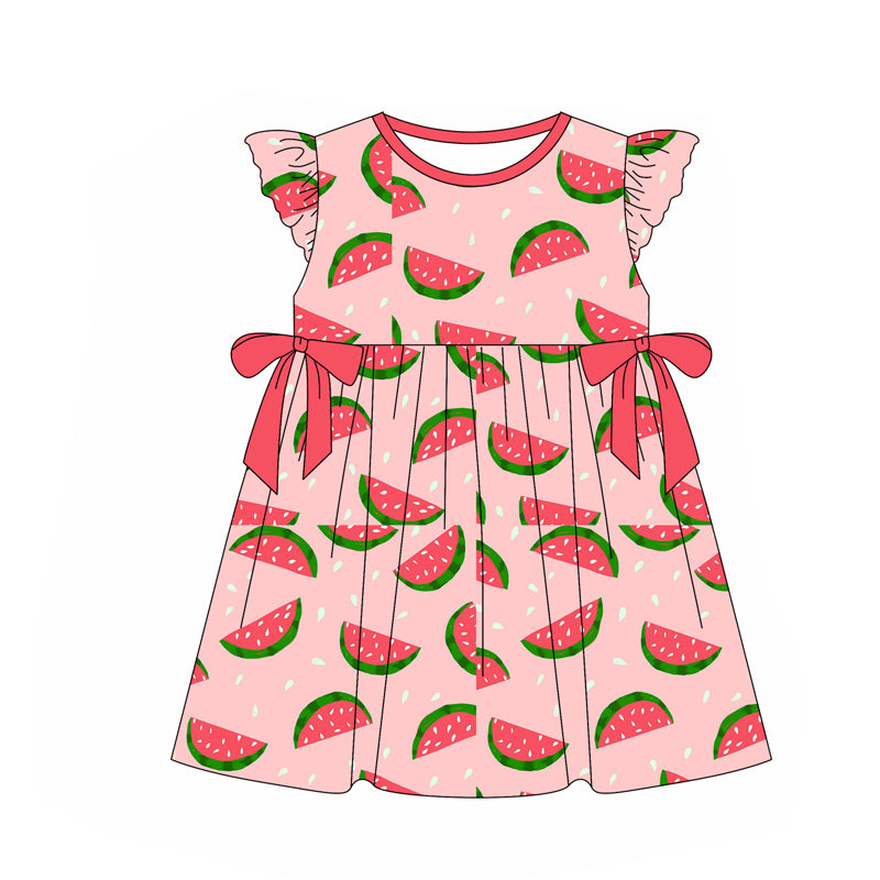 (Pre-order)GSD1850 Watermelon Print Girls Flutter Sleeve Knee Length Dress