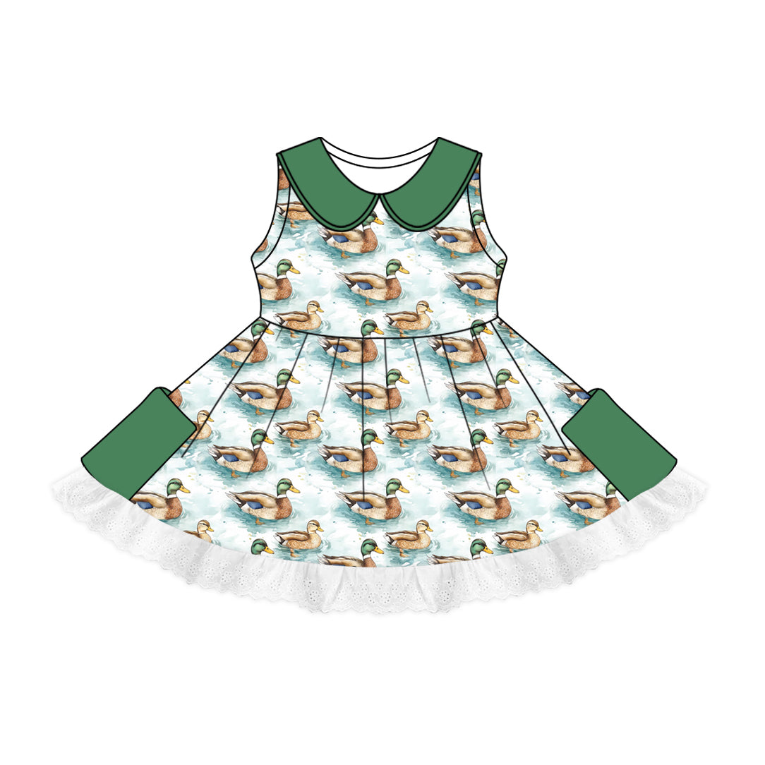 (Pre-order)GSD1851 Duck Green Print Pockets Girls Sleeveless Knee Length Dress