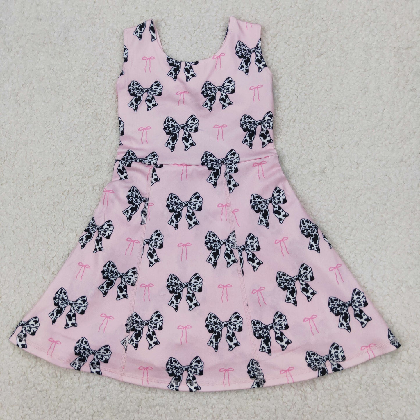 GSD1853 Cowhide Bows Pink Print Girls Summer Backless Shorts Knee Length Yoga Dress