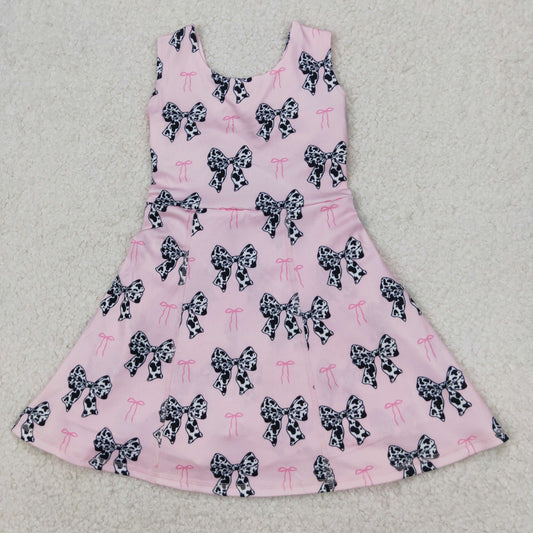 GSD1853  Cowhide Bows Pink Print Girls Summer Backless Shorts Knee Length Yoga Dress