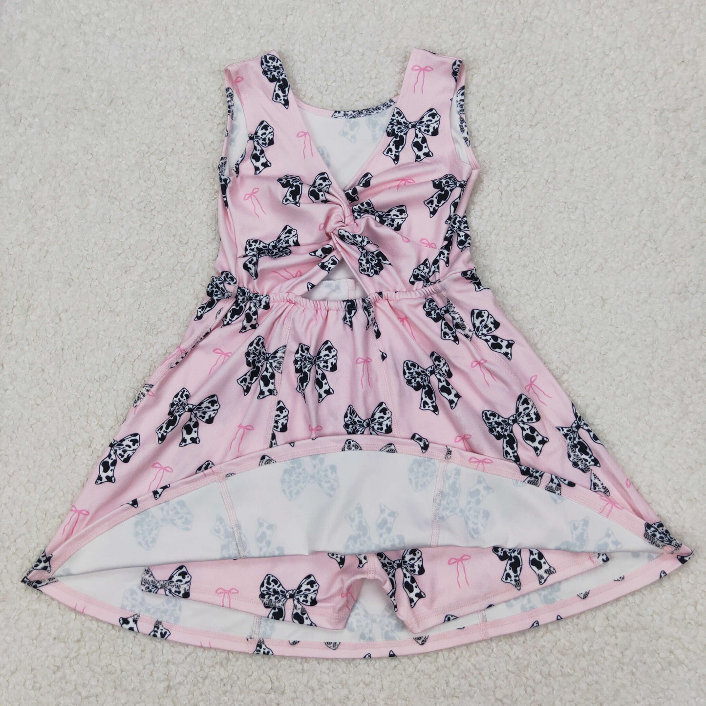 GSD1853 Cowhide Bows Pink Print Girls Summer Backless Shorts Knee Length Yoga Dress