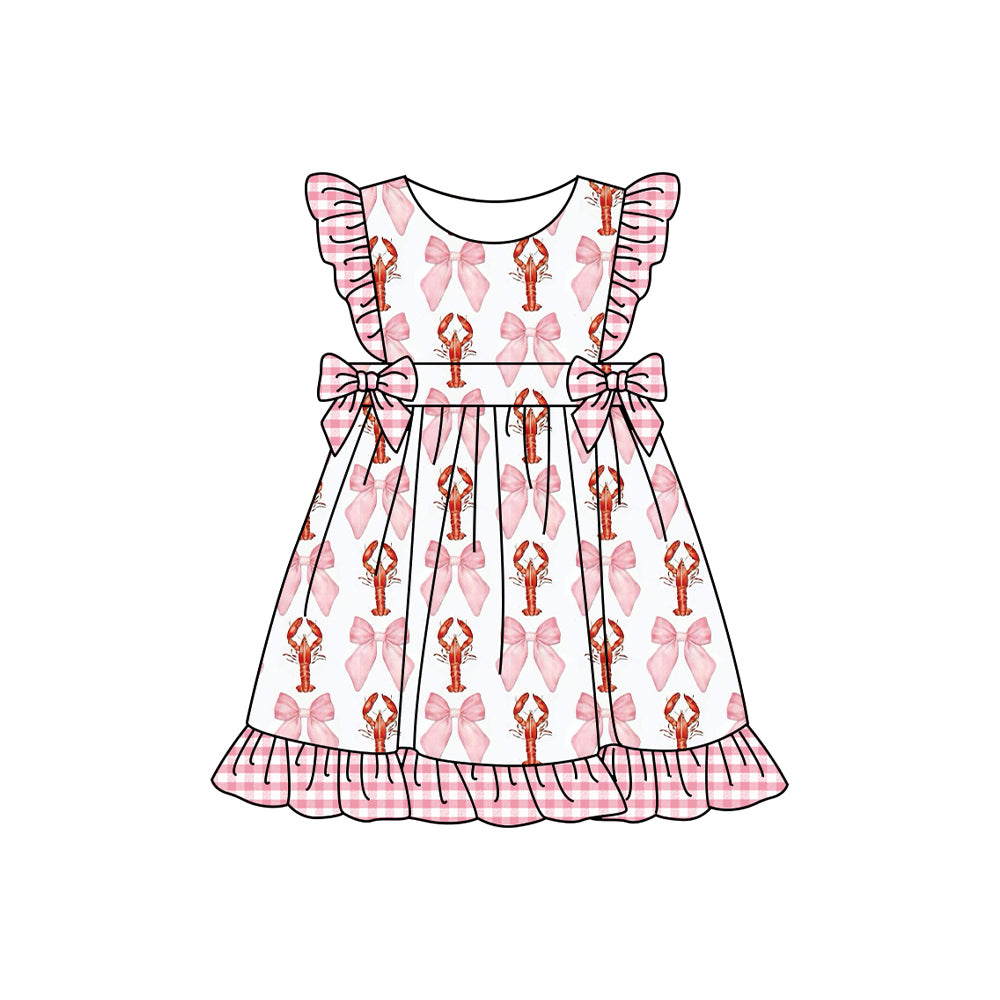 (Pre-order)GSD1858 Crayfish Pink Bows Print Girls Summer Knee Length Dress