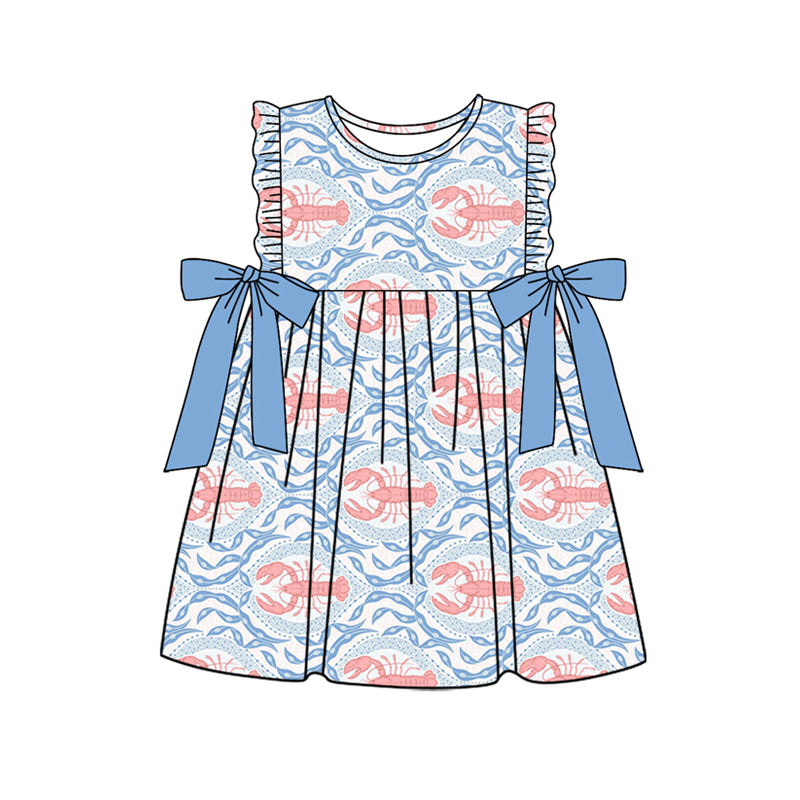 (Pre-order)GSD1859 Crayfish Blue Print Girls Summer Knee Length Dress