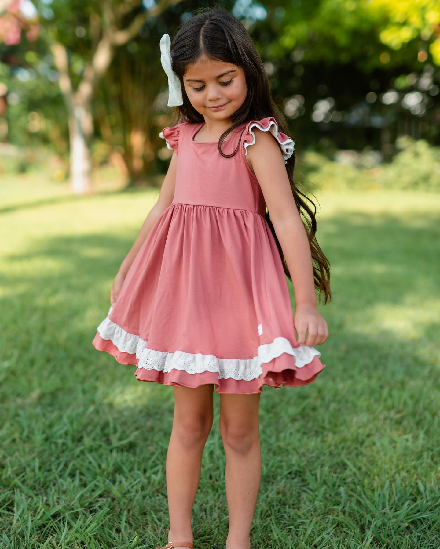 (Pre-order)GSD1862 Pink Color Flutter Sleeve Girls Summer Knee Length Dress