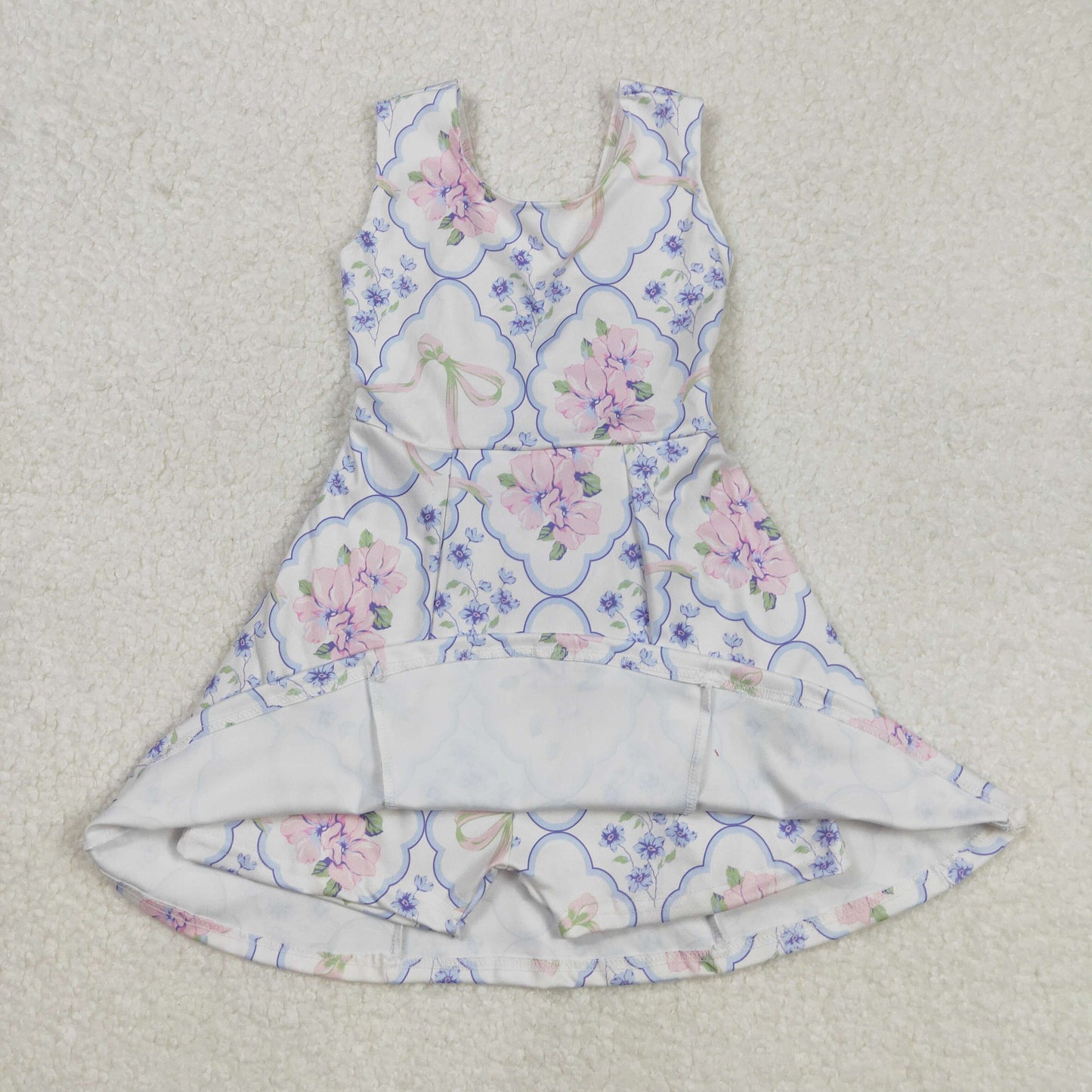 Flowers Print Girls Summer Knee Length Shorts 1 Pieces Yoga Dress Sisters Wear
