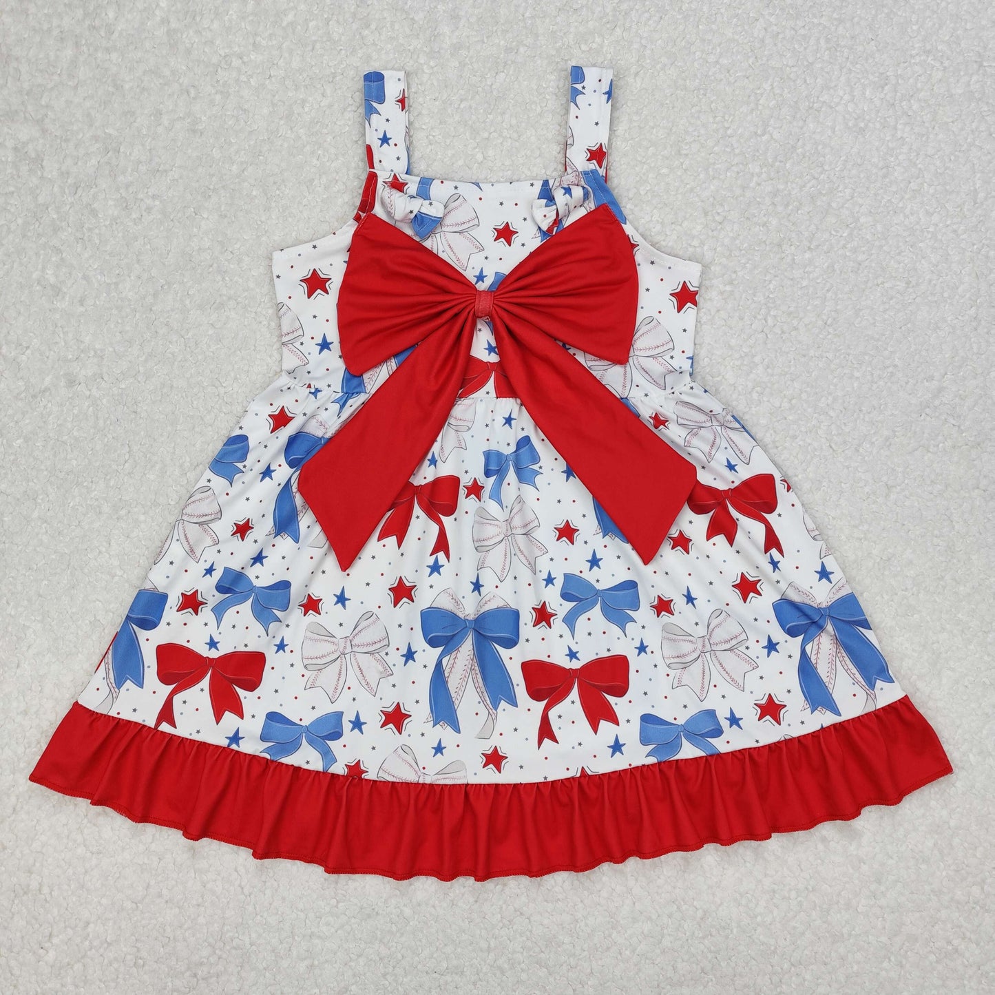 GSD1866 Bows Stars Print Girls Sleeveless 4th of July Knee Length Dress