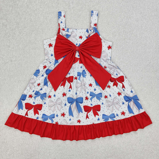 GSD1866  Bows Stars Print Girls Sleeveless 4th of July Knee Length Dress