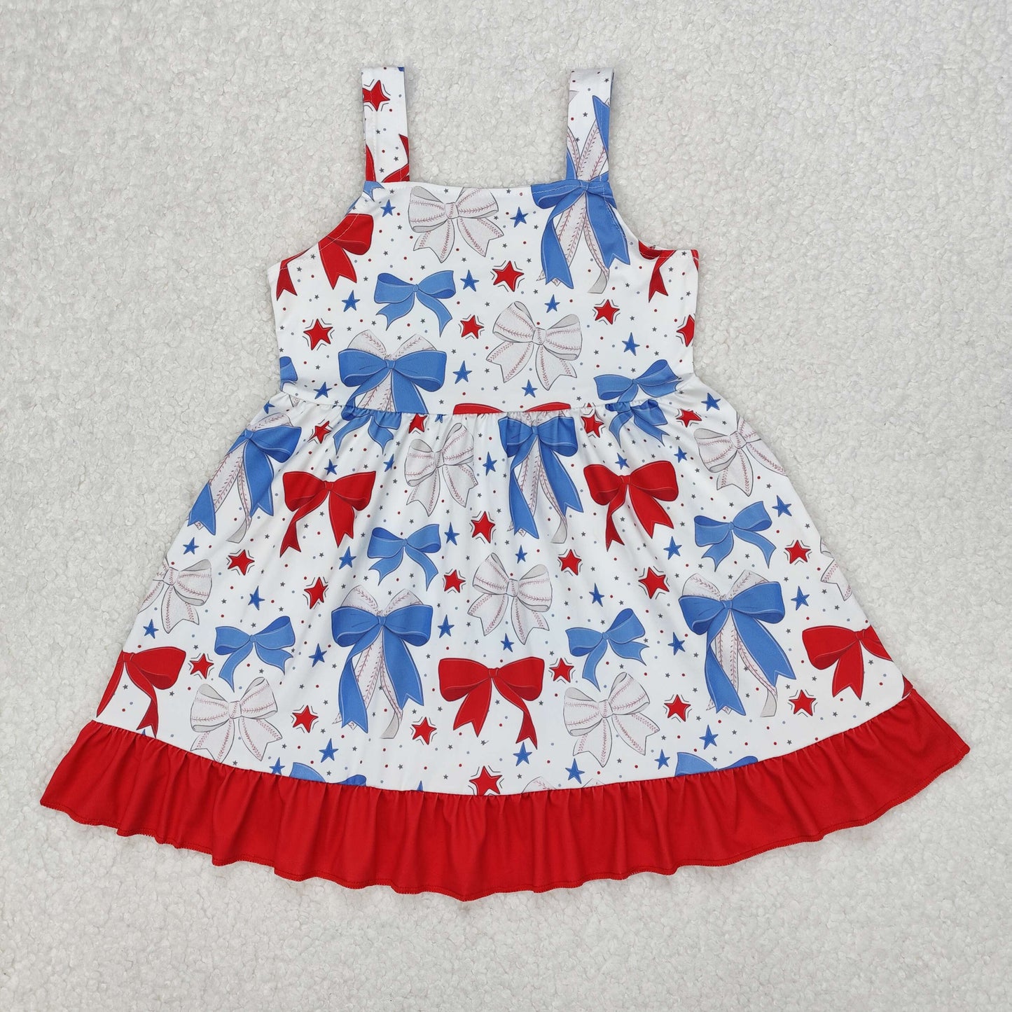 GSD1866 Bows Stars Print Girls Sleeveless 4th of July Knee Length Dress