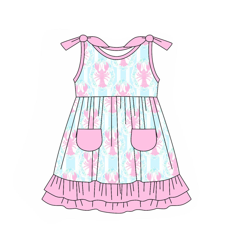 (Pre-order)GSD1869 Pink Crayfish Print Pockets Girls Sleeveless Summer Knee Length Dress