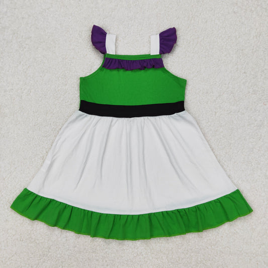 GSD1874  Cartoon Monster Green White Print Girls Summer Knee Length Dress