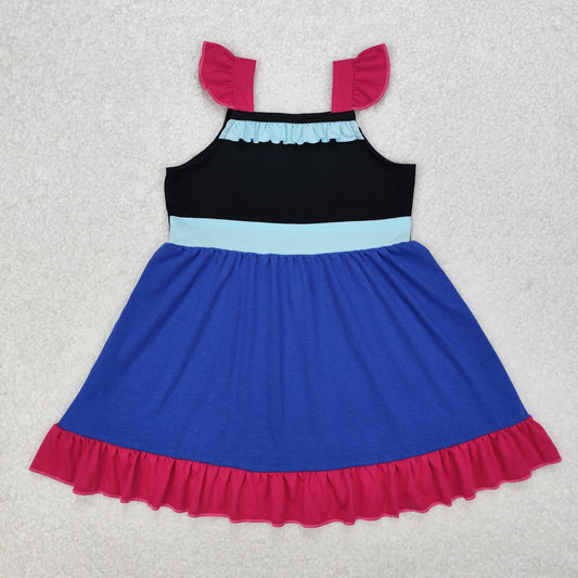 GSD1880  Cartoon Princess Blue Print Girls Summer Knee Length Dress