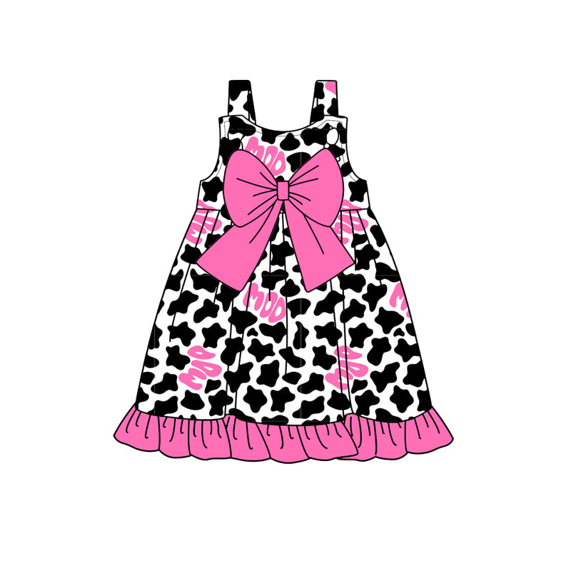 (Pre-order)GSD1886 MOO Cow Print Pink Bow Girls Summer Knee Length Dress
