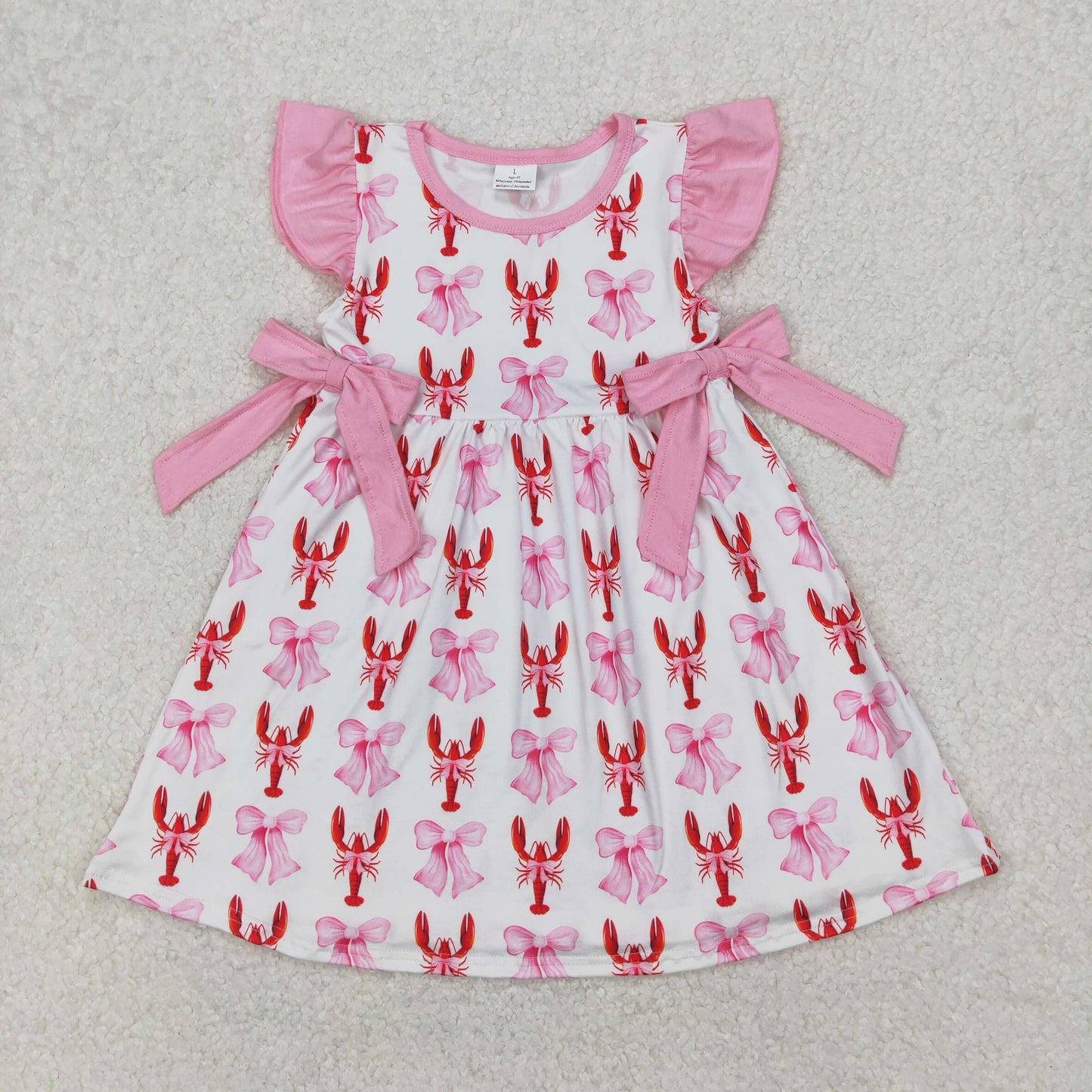 GSD1890 Crayfish Pink Bows Print Girls Summer Knee Length Dress