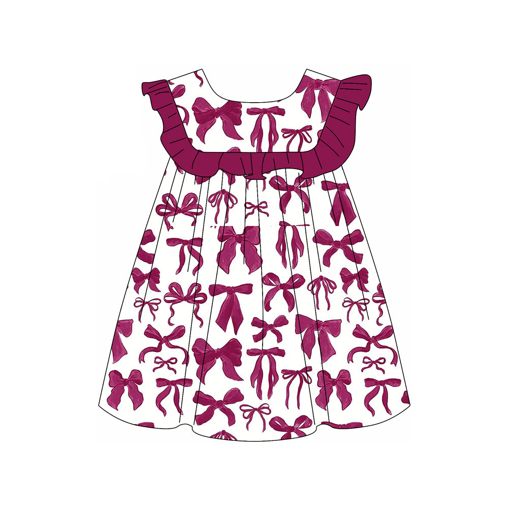 (Pre-order)GSD1892 Wine Bows Print Girls Summer Knee Length Dress
