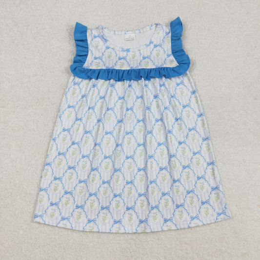 GSD1893  Flowers Bows Blue Print Girls Summer Knee Length Dress