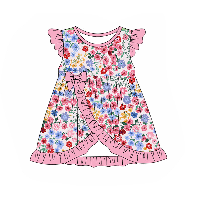 (Pre-order)GSD1904 Pink Flowers Print Girls Summer Knee Length Dress