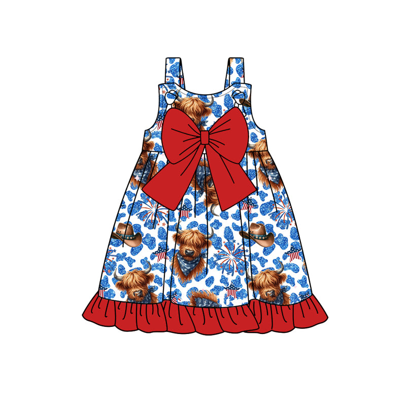 (Pre-order)GSD1906 Highland Cow Fireworks Print Bows Girls 4th of July Knee Length Dress