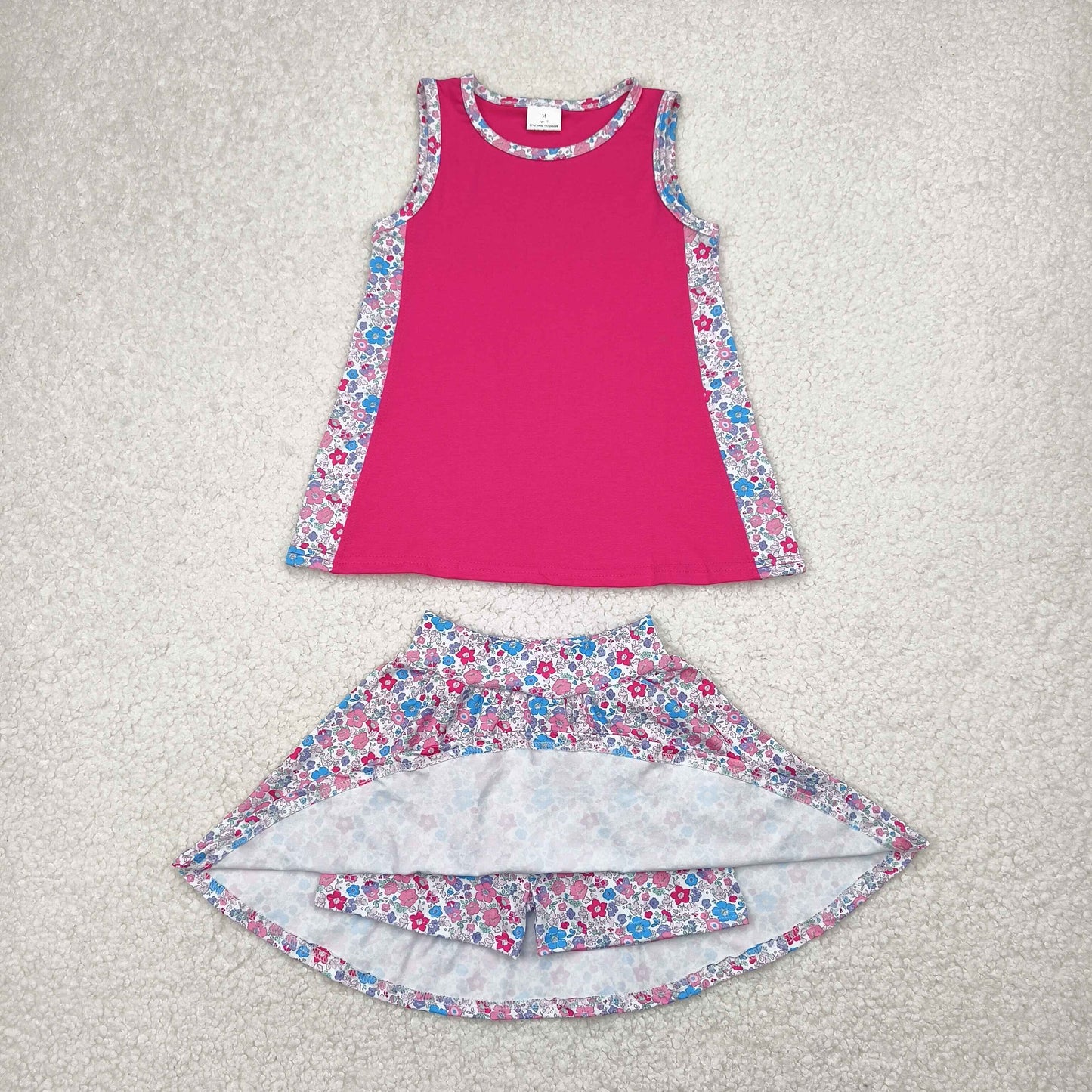GSD1926 Hot Pink Sleeveless Top Flowers Skirts Shorts Girls Summer Clothes Set