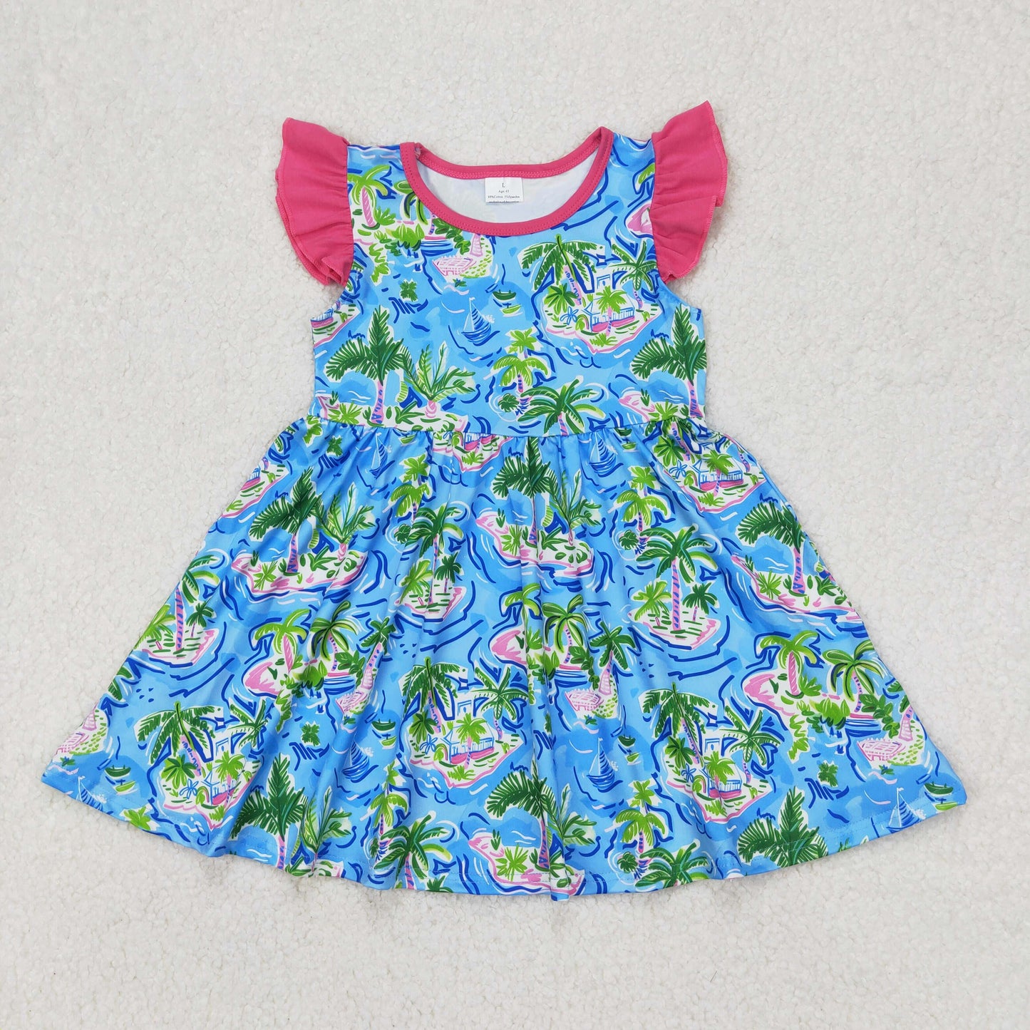 GSD1928 Coconut Trees Seaside Blue Print Girls Summer Knee Length Dress
