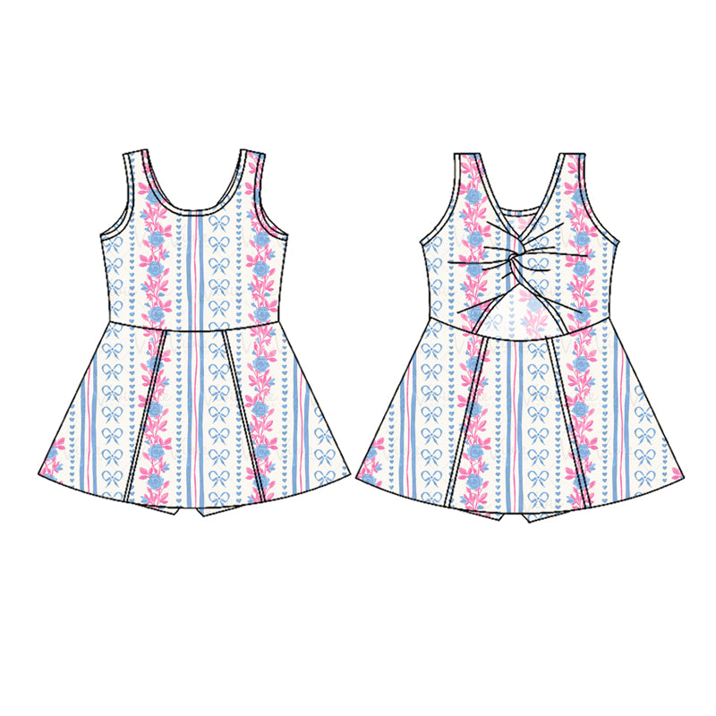 (Pre-order)GSD1943 Blue Bows Pink Flowers Print Girls Summer Backless Knee Length Yoga Dress