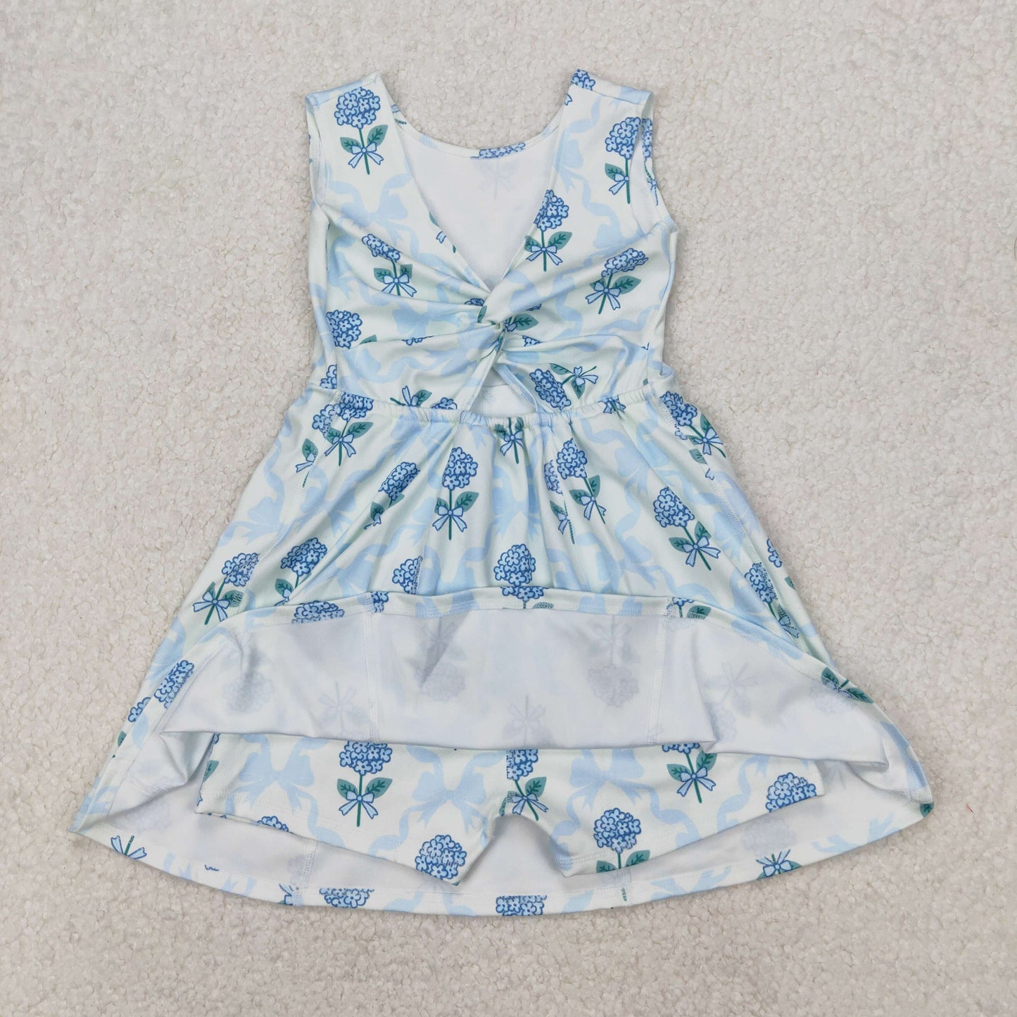 GSD1944 Blue Bows Flowers Print Girls Summer Knee Length Shorts 1 Pieces Yoga Dress