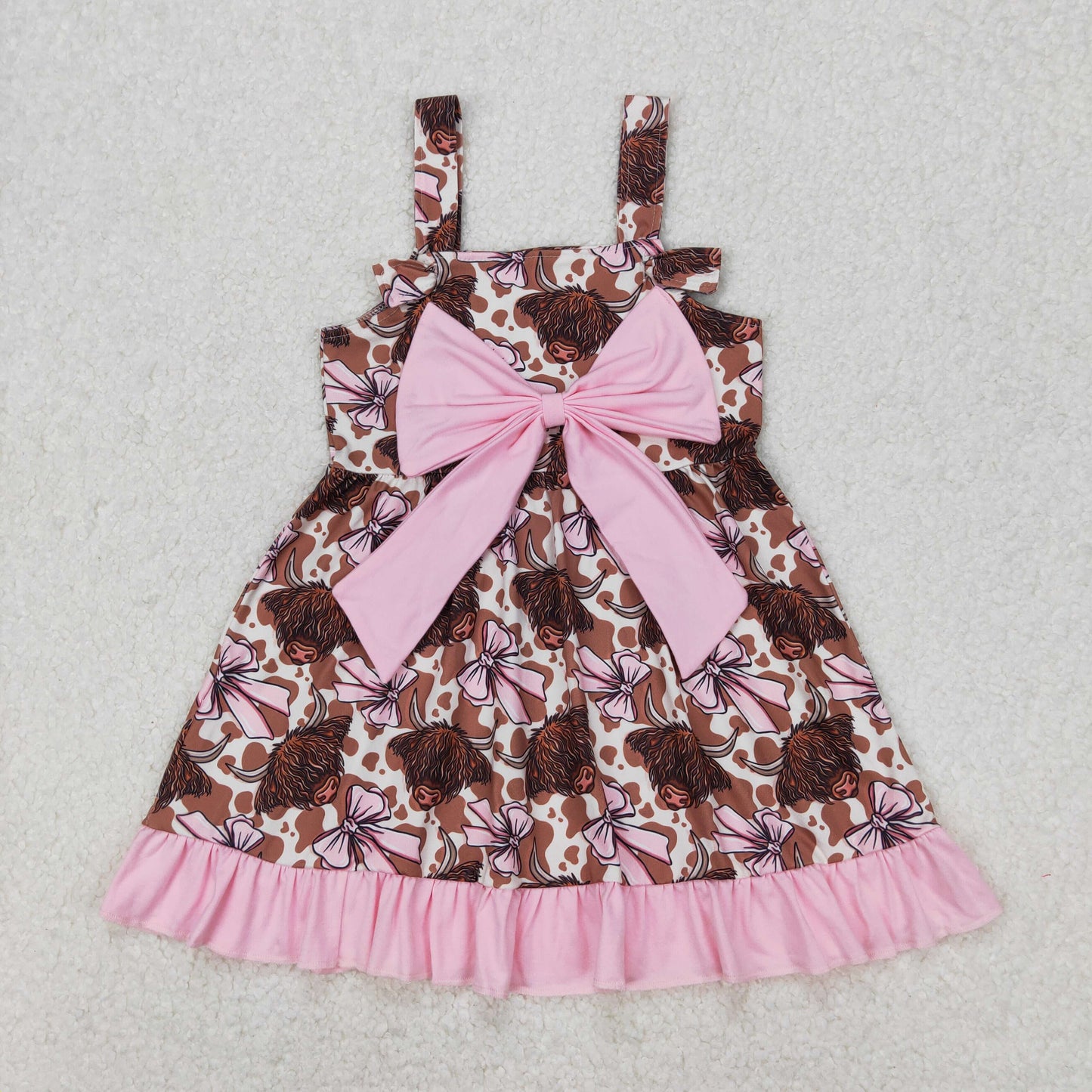 GSD1945 Highland Cow Pink Bows Print Girls Summer Knee Length Dress