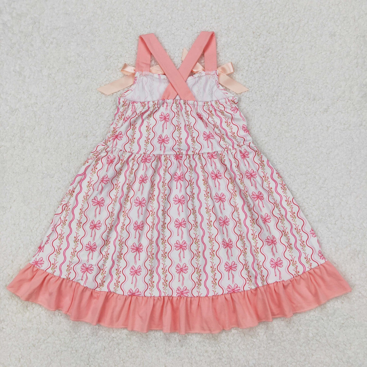 GSD1950  Small Flowers Pink Bows Print Girls Summer Knee Length Dress