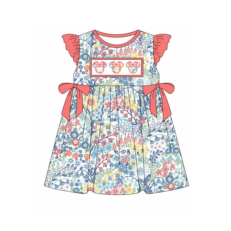 (Pre-order)GSD1951 Colorful Flowers Cartoon Mouse Print Girls Summer Knee Length Dress