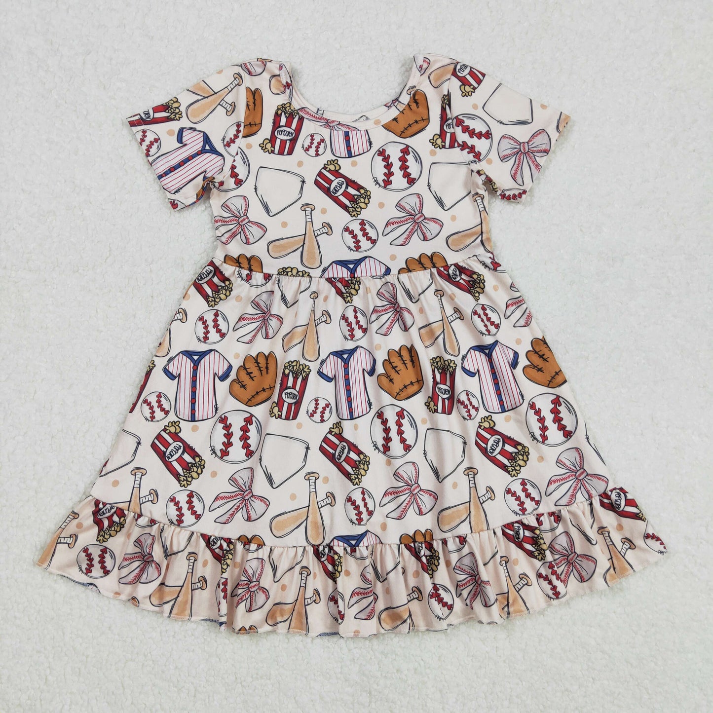 GSD1960 Baseball Bows Print Girls Summer Knee Length Dress