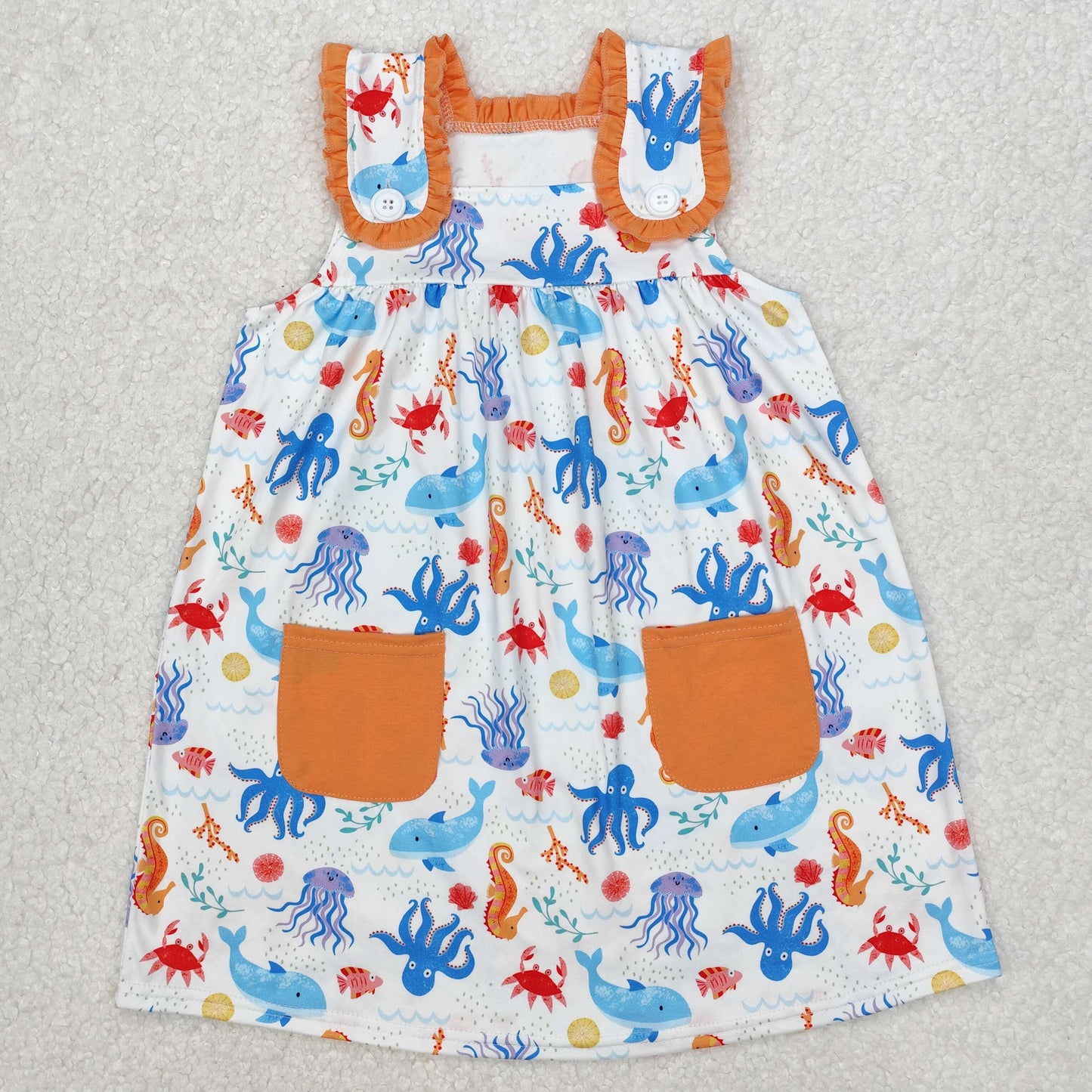 GSD1961 Marine Organism Print Pockets Girls Summer Knee Length Dress