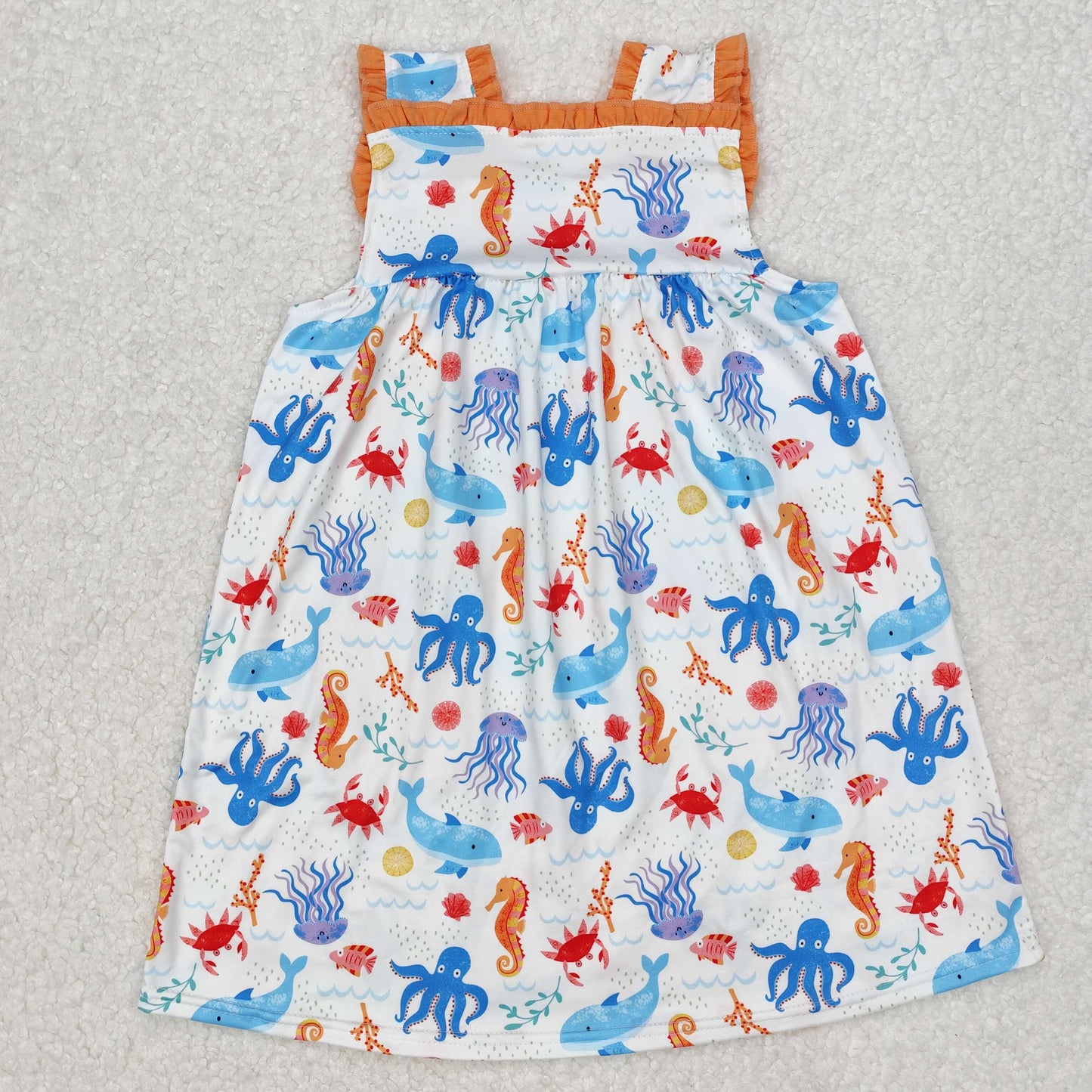 GSD1961 Marine Organism Print Pockets Girls Summer Knee Length Dress