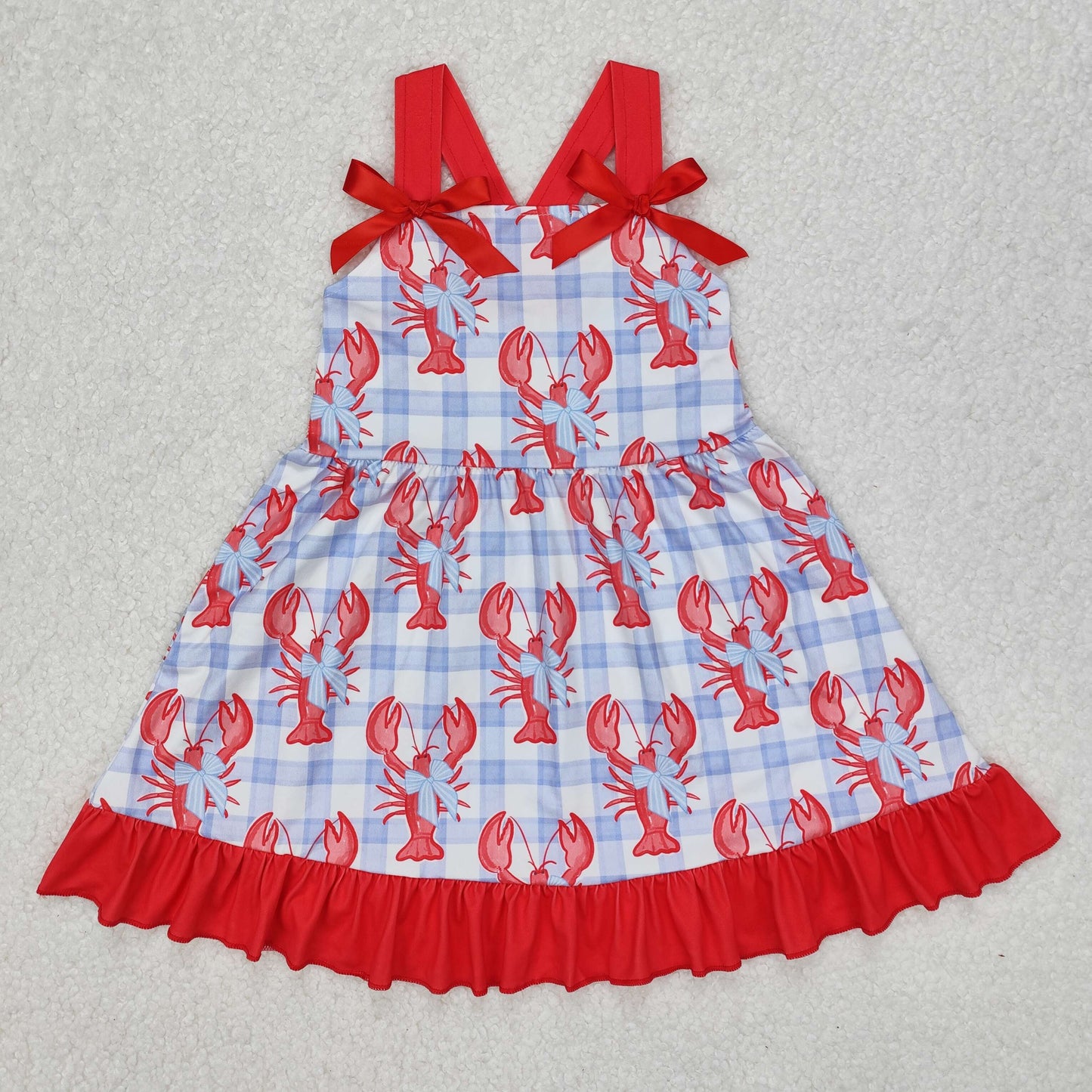 GSD1968 Crayfish Bows Plaid Print Girls Summer Knee Length Dress