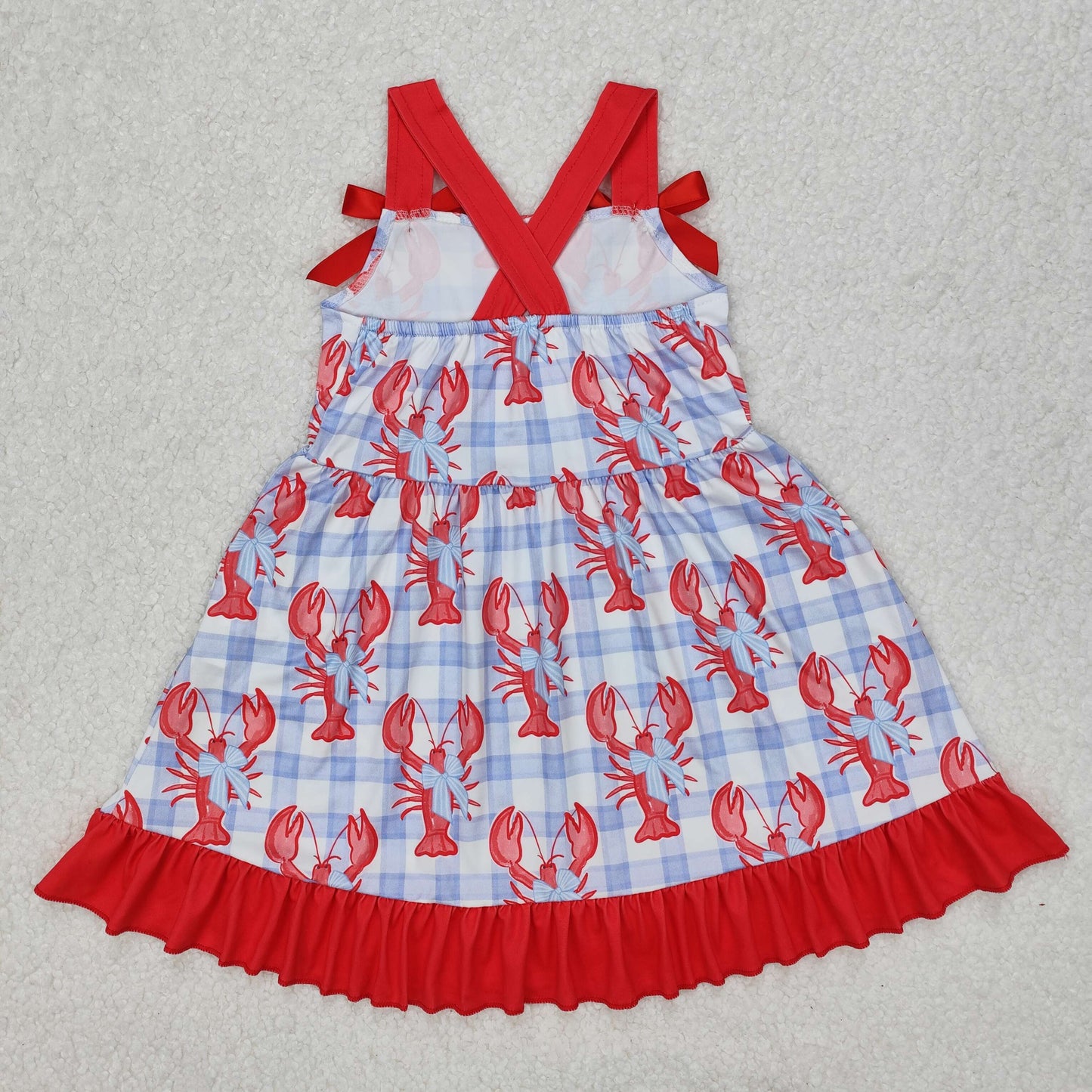 GSD1968 Crayfish Bows Plaid Print Girls Summer Knee Length Dress