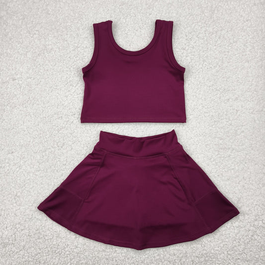 GSD1981 Wine Color Tank Top Skirts Shorts Girls Summer Yoga Clothes Set
