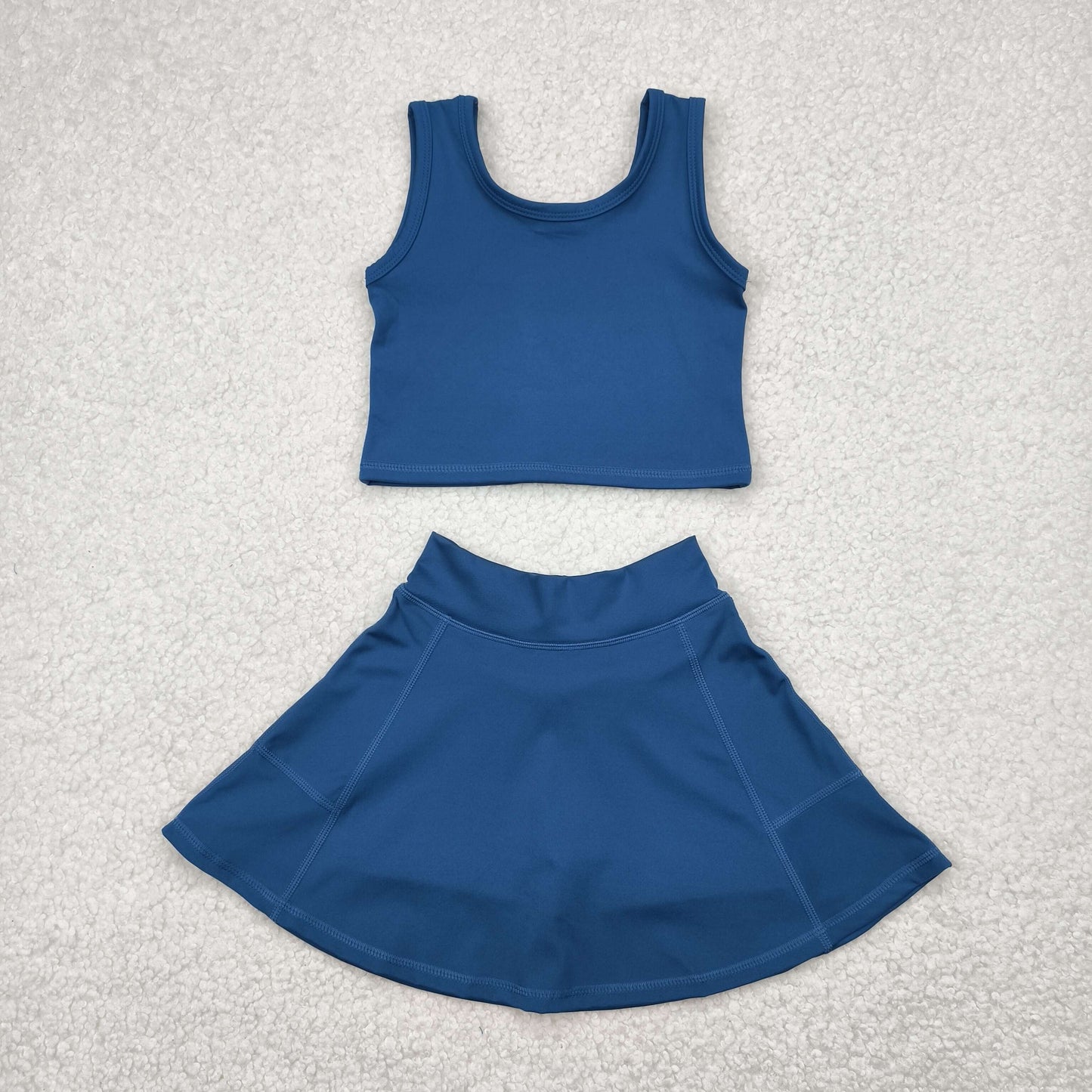 GSD1986 Dark Blue Color Tank Top Skirts Shorts Girls Summer Yoga Clothes Set