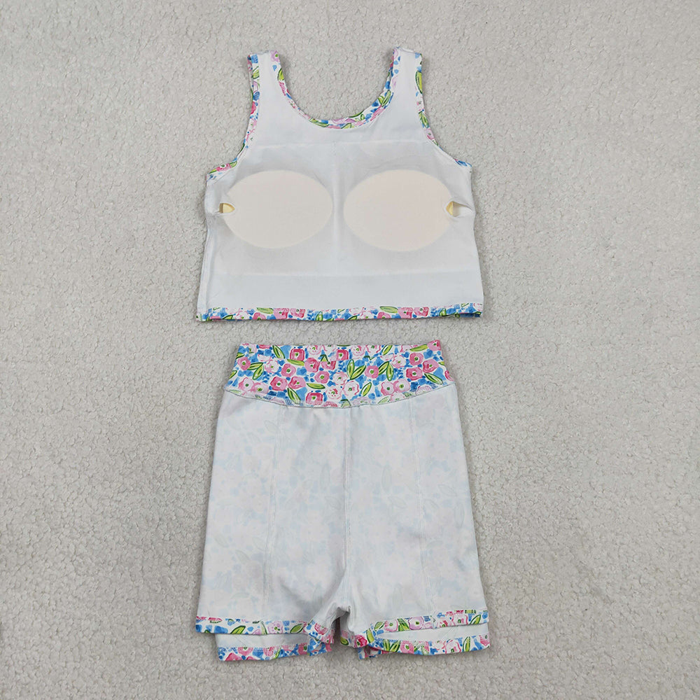 GSD1988 Pink Blue Flowers Tank Top Skirts Shorts Girls Summer Yoga Clothes Set