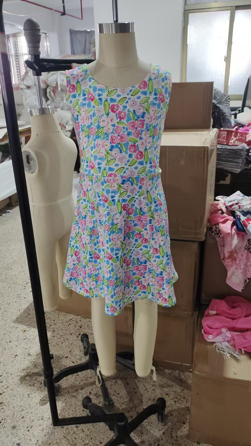 GSD1990 Blue Flowers Print Girls Summer Shorts Knee Length Yoga Dress