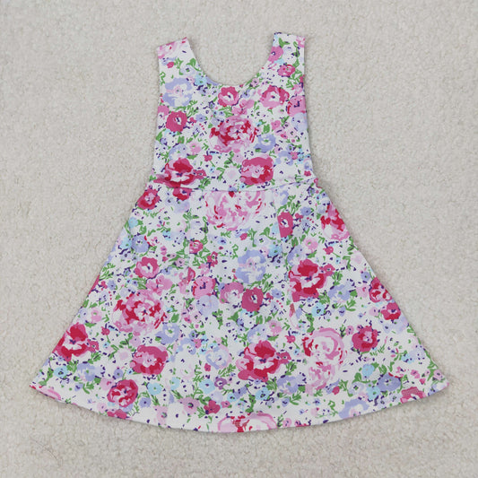 GSD1991 Pink Flowers Print Girls Summer Backless Shorts Knee Length Yoga Dress