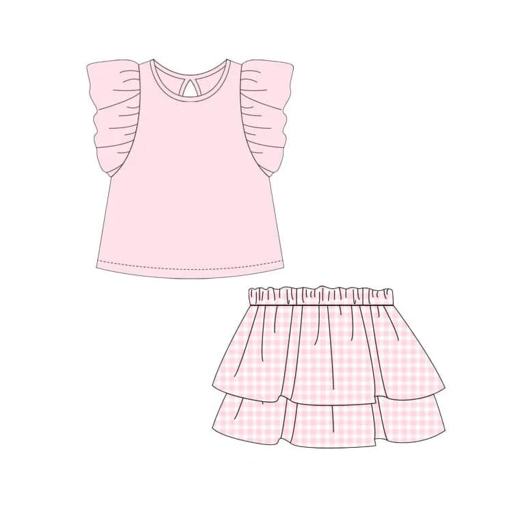 (Pre-order)GSD1998 Flutter Sleeves Pink Top Plaid Skirts Girls Summer Clothes Set