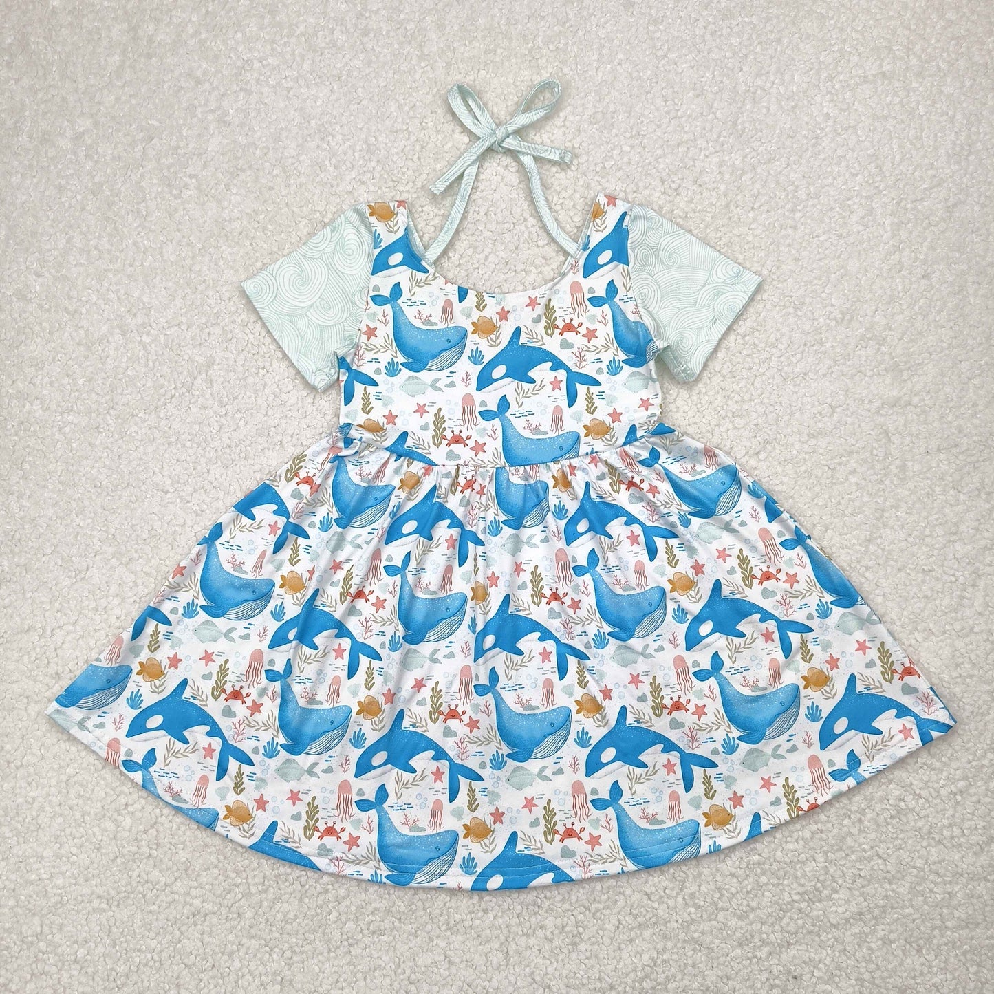 GSD2011  Whale Print Girls Summer Backless Knee Length Dress