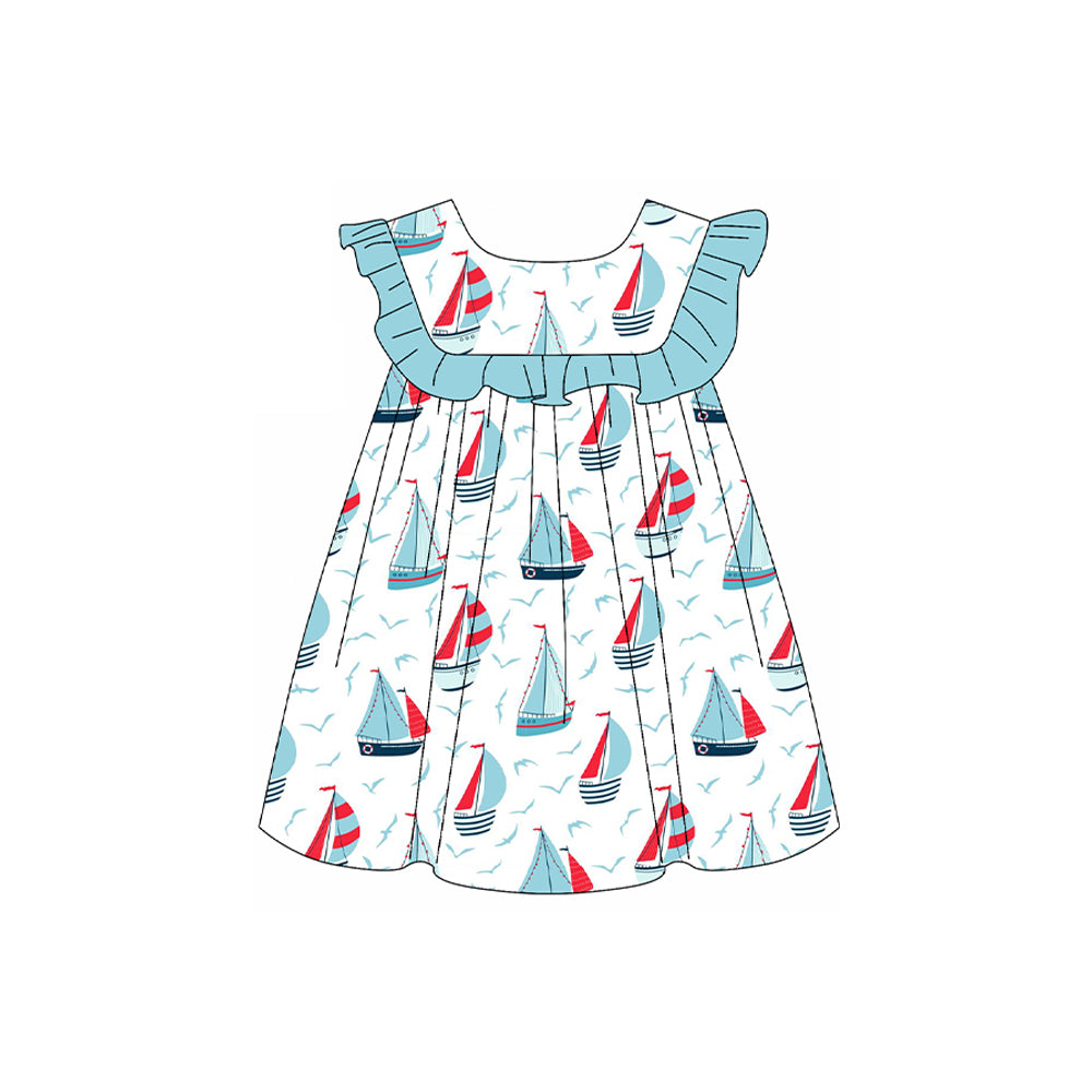 (Pre-order)GSD2021 Sailboat Blue Print Girls Summer Knee Length Dress