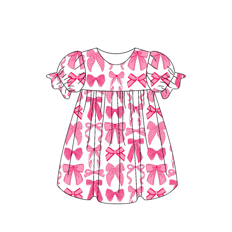 (Pre-order)GSD2027 Pink Bows Print Girls Summer Knee Length Dress