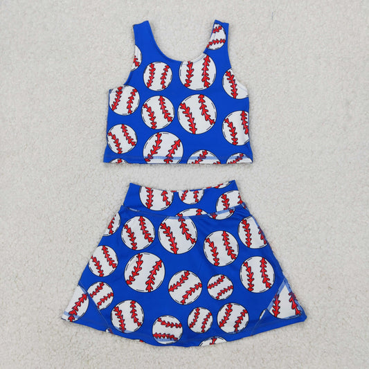 GSD2040 Baseball Blue Tank Top Shorts Skirts Girls Summer Yoga Clothes Set